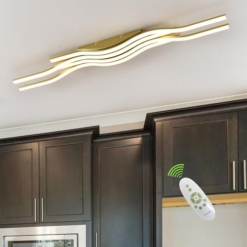 Guang Shuo Gold LED Deckenleuchte Dimmbar Deckenlampe Led Wohnzimmerlampe mit Fernbedienung Innen Design Deckenbeleuchtung für Wohnzimmer Küche Arbeitszimmer Büro (Gold, 100CM)