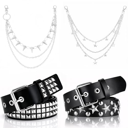 4 Pcs Studded Belt Set with Pyramid Studs & Star Belt, Y2K Goth Punk Rock Accessories with Pant Chains for Women and Men（2 Silver Waist Chain + 2 Studded Belt）