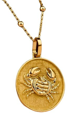 WORLD WIDE GEMS Collar con colgante de moneda grabada del signo del zodiaco Cáncer de 24 mm con cadena tipo cable de 45 cm | Plata de ley chapada en oro | Joyería de regalo unisex | WW_PNDN_1923