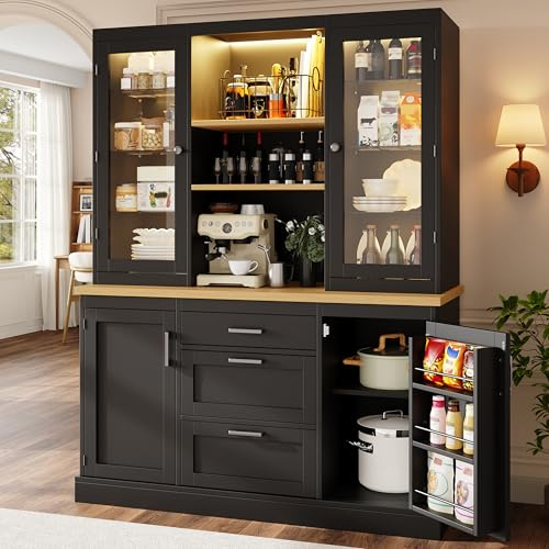 Jaxenor Küchenschrank mit Arbeitsplatte, Buffetschrank mit Verstellbare Böden, Küchenhochschrank mit App-gesteuerter LED-Beleuchtung, Mehrzweck-Hochschrank für Küche und Wohnzimmer, Schwarz