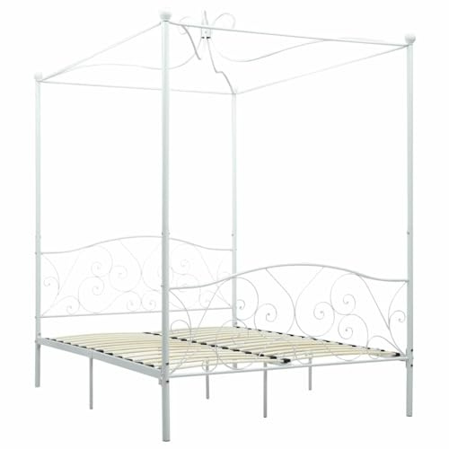 Drainlyn Metall Himmelbett Gestell Weiß 140 x 200 cm mit Lattenrost, Robustes Bettgestell für Schlafzimmer, geeignet als Gästebett, platzsparendes Design mit Stauraum