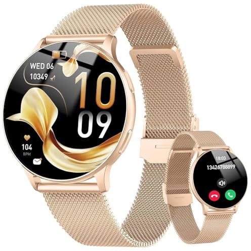 Smartwatch Damen Rund, 1.32 AMOLED Schrittzähler Uhr Damen mit Telefonfunktion, Fitness Tracker Pulsuhr Schlafmonitor SpO2, IP68 Wasserdicht Sportuhr, 120+Sportmodi Smart Watch Android/iOS Rose gold