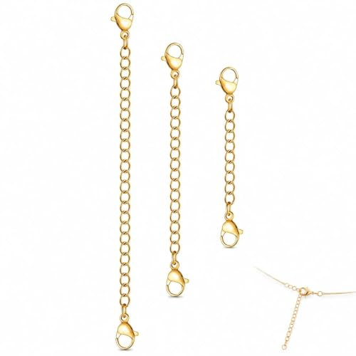 KinetiCore 3 Pcs Gold Necklace Extenders, Stainless Steel Chain Extenders with Lobster Clasps, 3cm/5cm/7.5cm Extension Chains for Necklaces, Bracelets, Anklets & DIY Jewellery Making
