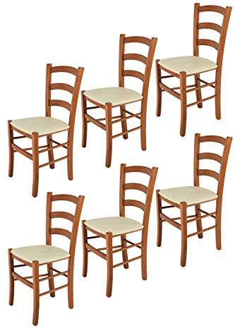 t m c s Tommychairs - Set 6 sillas Venice para Cocina y Comedor, Estructura en Madera de Haya Color Cerezo y Asiento tapizado en Polipiel Color Marfil