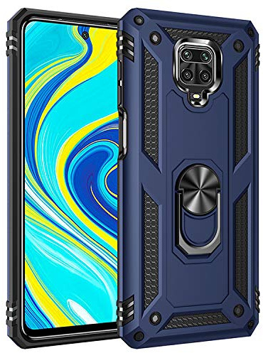 BestST Funda para Xiaomi Redmi Note 9S/Note 9 Pro/9 Pro MAX + HD Protector de Pantalla,con Anillo Soporte, Robusta Carcasa Híbrida TPU PC de Doble Capa Anti-arañazos Caso,Azul