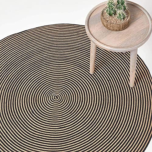 Homescapes runder Teppich, handgeflochtener Baumwollteppich 200 cm im Vintage-Look mit Spiralemuster, leinen-Farben und schwarz, Flachgewebe-Teppich für Wohnzimmer, Schlafzimmer, Küche oder Flur