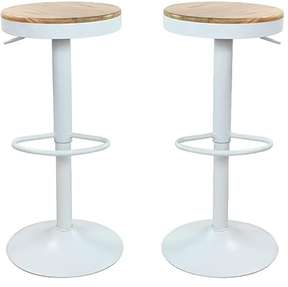 Vaukura Taburetes Cocina, Juego de 2 Taburetes de Bar Giratorios con Reposapiés, Altura Ajustable, Asiento de Madera, Base Metalica, Griratorios 360º, Pistón de Gas (Blanco) (Pack 2)