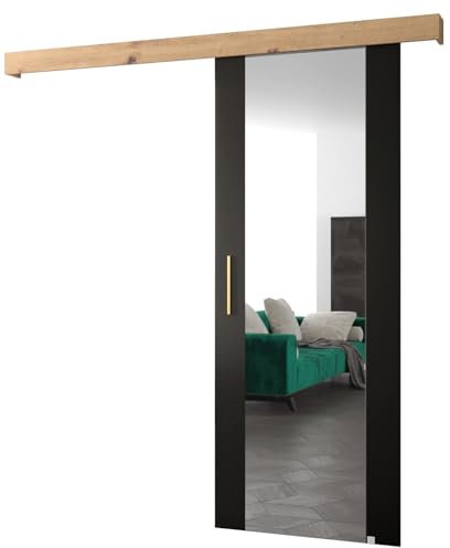 ABIKSMEBLE Set di Porte scorrevoli Salwador 2 Set Completo per Porte scorrevoli, Porte interne con Specchio, Design Moderno (Nero Opaco/Griglia: Rovere Artigiano/Maniglia: Oro)
