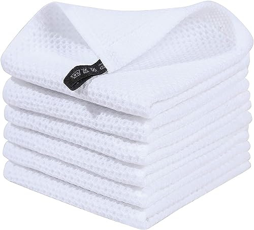 Moosfor 100% Cotton Tea Towels 6 Pk 30 x 30 cm Dish Cloths White | Highly Absorbent Soft, Quick Drying, Lint-Free, Grease Removing, Gentle on Cookware, Great for Dishes, Sink & Dining Table