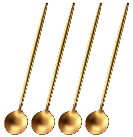 Lange Kaffeelöffel 17 cm Edelstahl 304 Gold, 4er Set Eislöffel Lang, Dessertlöffel Lang, Teelöffel Langer Stiel, Löffel für Latte Macchiato Gläser, Zuckerlöffel Matt Poliert, Extra Stabil