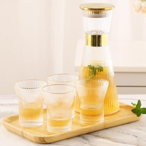 DUJUST Gold Ribbed Glass Carafe Set, 44oz Crystal Glass Carafe with Golden Lid, 4 Cups & Tray, Leak-Proof Silicone Seal