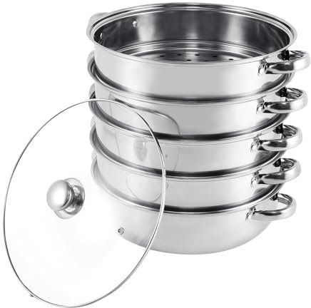 TRY-YEAN Edelstahl Dampfgarer Dampfkocher mit Glasdeckel, 5 Etagen 30cm, Kochgeschirr Mantovarka Topf Induktion für Knödel Induktionsherd