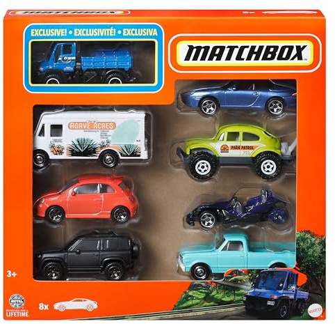 Matchbox formgjutna leksaksbilar eller -lastbilar i skala 1:64 (Blandade modeller, ett slumpmässigt set), set om åtta, temapaket med åtta fordon, varav ett exklusivt, HVR81