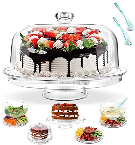 Myiosus Cake Stand with Dome Lid, 27.5cm Acrylic Cake Stands with Dome Cover, 6 in 1 Multi-functional Cake Display Stand Serving Platter Salad Punch Bowl for Birthday, Party, Wedding