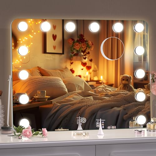 Hasipu Hollywood Kosmetikspiegel mit Lichtern,45 x 35cm, LED-Make-up-Spiegel, 3 Modi, Licht, Smart-Touch-Steuerung, dimmbar, 360 ° drehbar, Abgerundeter rechteckiger weißer Rahmen