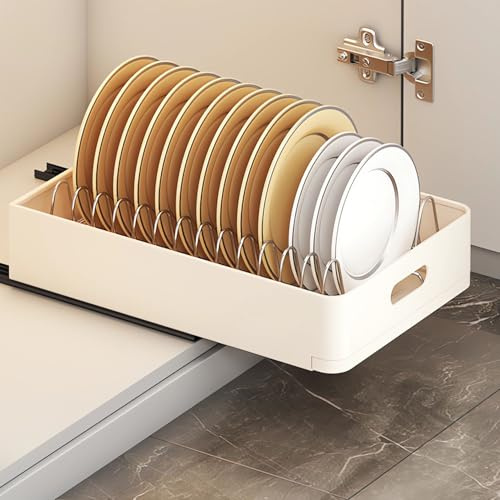 QHENS Schrank Organizer Teller, Teller Organizer Schublade, Schrank Organizer Küche Teller Ohne Bohren für 13 Teller, Teller Organizer Schrank für Schrankorganisation, Weiß 39.7 * 24.5 * 7.5cm