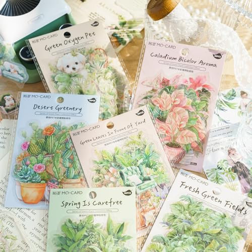 180 pcs Scrapbook Zubehör Stickers Set, Aesthetic Sticker PET Blumenvase, Grünzeug Scrapbooking Sticker Aufkleber for DIY Scrapbook Calendar Notebook Photo Book Diary Journaling