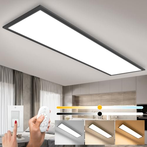 LED Dimmbar Deckenlampe 100x25 CM, 28W Deckenleuchte mit Fernbedienung, Deckenpanel Lampe mit Speicherfunktion, 2700K - 6500K Warm Natur Kalt Weiß Licht für Büro Werkstatt Wohnzimmer Schwarz Rahmen