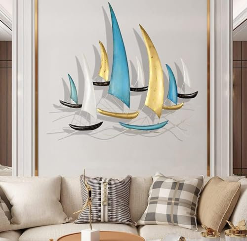 BFFDBFG Metall Wanddeko Wandkunst, Segelboot Kunst Wandbehang Skulptur, 3D-Küsten-Segelboot-Wanddekoration, Handbemalt, Nautische Wandkunst für Zuhause Einzigartig, 85x80cm