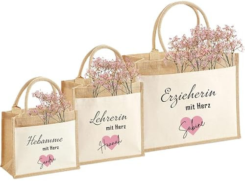 Nachhaltige Jute-Tasche mit Name personalisiert | Erzieherin Lehrerin Hebamme mit Herz | Abschied Schule Kita Kindergarten | Geschenkidee Geschenk-Tasche Jute-Beutel Einkaufstasche aus Jute Baumwolle