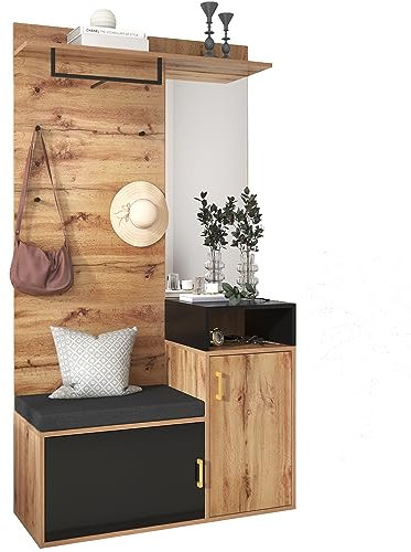 Azkoeesy Garderoben-Set, Flurgarderobe Set, mit Schuhschrank Sitzbank Spiegel und 4 Kleiderhaken - 104 L x 38,5 B x190 H(cm)
