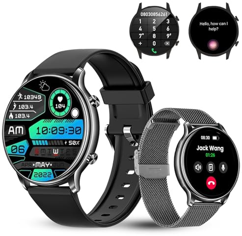 LUNIQUESHOP LSWATCH Smartwatch Herren mit Telefonfunktion 1.6 Zoll HD Temperatur, Blutsauerstoff, Spannung Herzfrequenz Schrittzähler Pulsmesser Schlafmonitor SPO2, 2 Armbänder iOS Android Schwarz