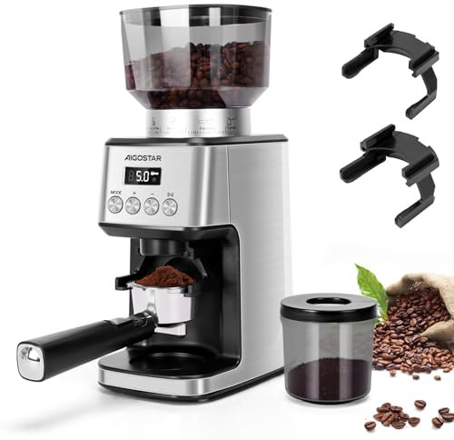 Aigostar Elektrisch Kaffeemühle mit 52 Mahleinstellungen, Kegelmahlwerk Geeignet für Espresso, Professionelle Elektrische Kaffeemühle mit Präzisem Digital Display, Edelstahl Coffee Grinder, Silber