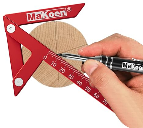 MaKoen Mittenfinder Zentrierwinkel und Winkelschmiege. 90 und 45 Grad Winkel mit 100mm Länge. Massives Aluminium Eloxiert und Lasergraviert. Mit Zimmermanns Druckbleistift mit Anspitzer.