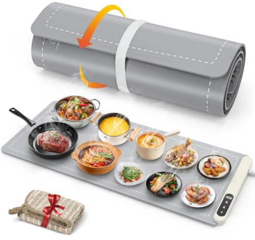 FYY Extra Large Food Warming Mat - Electric Warming Tray with 6 Temperature Settings and 6 Hours Timer, Full Surface Heating Food Warmer, Premium Silicone Heating Tray for Gatherings, Parties, Grey | 6 Temp Settings, 6H Timer, Rollable Portable Silicone Electric Food Heating Mat for Countertop Party Buffet, Keep Meal Warm