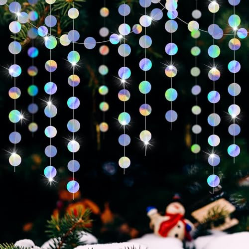 Holographic Circle Garlands Iridescent Party Supplies Hanging Streamer Backdrop Mermaid Theme Birthday Decorations Baby Shower Graduation Wedding Euphoria Disco Bachelorette Decor (Iridescent)
