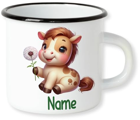 GRAZDesign Emaille Kinderbecher mit Namen personalisiert für Kinder Mädchen und Jungen Pferd 250ml