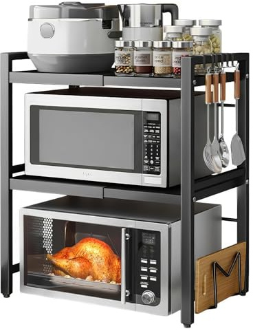 Jasfyee 3 Tiers Expandable Microwave Shelf Stand with 6 Hooks, Adjustable Microwave Oven Rack, Baker Rack, Kitchen Shelf Organizer for Kitchen Pots Pans Rice Cooker