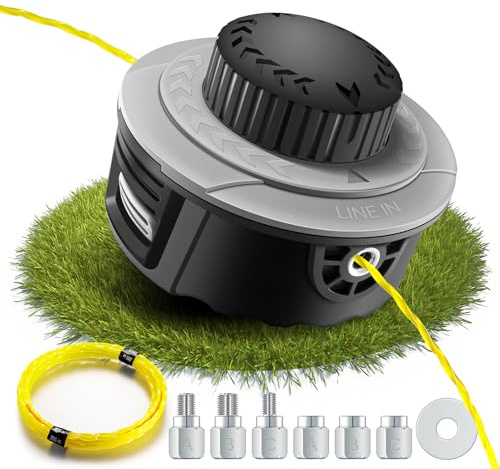 Fadenkopf für Motorsense mit Trimmerfaden,Einfaches Tap & Go System,Universal passende Fadenspule mit 6 Gewindeadapter,für die meisten Akku-Rasentrimmer und Akku-Freischneide (Grau)