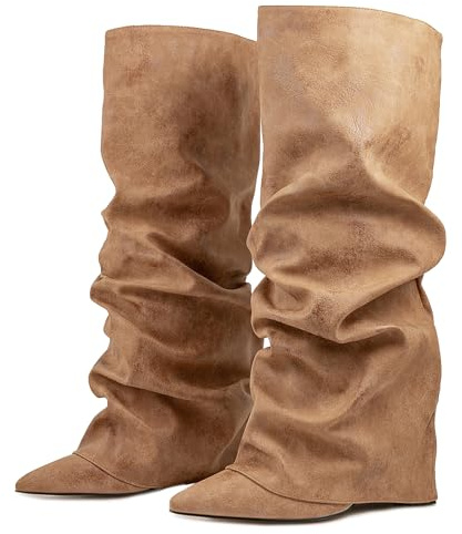 Ceciloroda Fold Over Slouch Boots Block Heels Dressy Shark Boots Knee High For Women Pointed Toe Wide Calf Pull on Pleated Fall Shoes Apricot Size 38