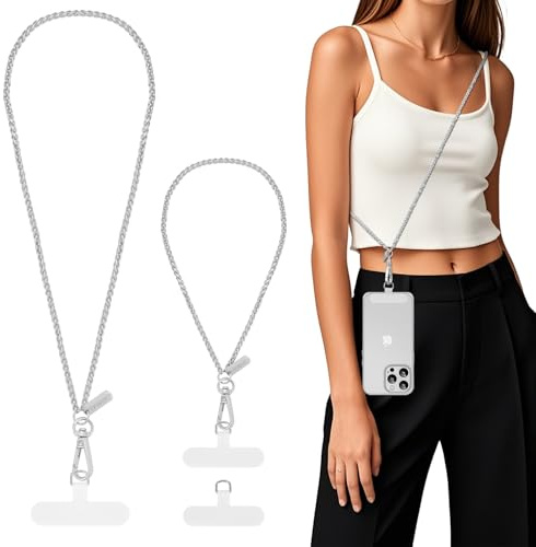 MoKo Phone Chain Crossbody, Metal Cell Phone Lanyard, Universal Cellphone Lanyard for iPhone, Samsung, Most Smartphones, Cellphone Crossbody Strap × 1, Wrist Strap x 1, Patches × 2, Pale Silver | Cellphone Lanyard for iPhone, Most Smartphones, Cellphone Crossbody Strap × 1, Wrist Strap x 1, Patches × 2, Pale Silver