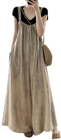 SaiDeng Damen Latzhose – Ärmelloser Jumpsuit im Japanischen Stil mit Weitem Bein – Lässige Arbeitsoveralls mit Großen Taschen, Sommer Trägerhose aus Baumwollmischung