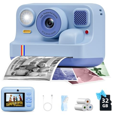 Instant Print Camera for Kids, Christmas Birthday Gifts for Girls Boys Age 3-12, 1080P Selfie Portable Digital Video Camera with 32GB SD Card, 3-Colored Print Paper- Blue