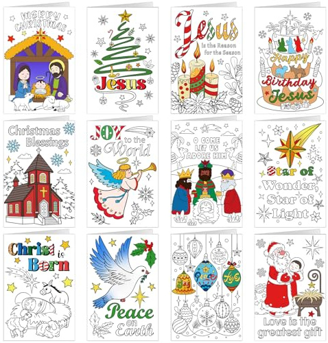 DPKOW Kinder Malbuch Religiöse Weihnachtskarten mit Umschlägen, 12 Malkarten zu Weihnachten Krippe Christliche Karte für Kinder Bastelgeschenk Weihnachten Religiös