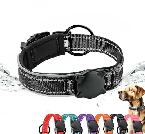 ZHHSUNY Reflektierende Luft Air Tag HundHalsband,wasserdichte Gehäuse Hund Tag,Weiche Atmungsaktive Hund Halsband Mit GPS Halterung(Schwarz, L)