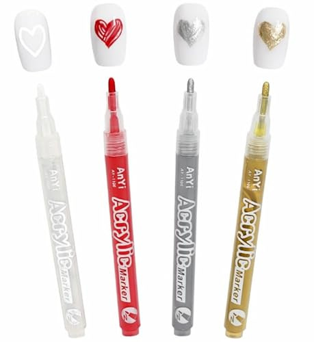 Nail Art Pen Set 4 Colours, White Gold Silver Red – 3D Pen for French Nails Precision Nail Design Quick-Dry Waterproof Acrylic Paint Pens for DIY Manicure & Professional Nail Art Gift for Women