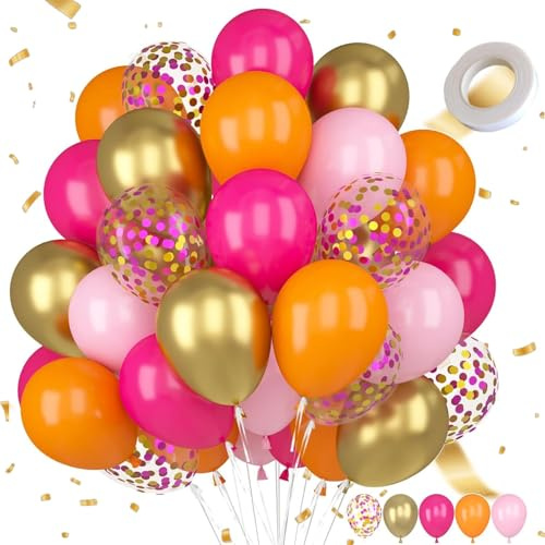 60 Stück Luftballons Rosa Orange, Hot Rosa Luftballons Champagner Gold | Hellrosa Ballons Dekor, Konfetti luftballons, Heliumballons aus Naturlatx, für Geburtstag Babyparty Hochzeit Deko