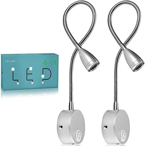 Licchily LED-Wandleuchte Leselampe, Flexibler Nachttischlicht mit Schalter und Steckerkabel, Schwanenhals Länge: 38cm 360° Drehbar, 200LM / 3000K / 3W / 110-240V AC (2STK Silber) (Silber)