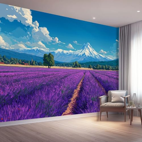 Fototapete Natur Vlies Tapeten 400 x 280 cm, Wandtapete Wohnzimmer Schlafzimmer Küche Dekoration Concealer, Lila Lavendelfarbene Schneebedeckte Berge