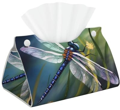 Dragonfly Painting Tissue Box Cover Rectangle, Modern PU Leather Tissue Holder for Bathroom, Decorative Stylish Wipes Dispenser Paper Cover Case Napkin Holder for Home Decor