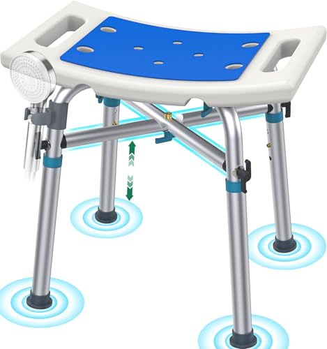 Luckfaith Sedia da Doccia con Struttura a X – Altezza Regolabile a 3 Livelli (43,5–48 cm), Sgabello Doccia Antiscivolo con Supporto Soffione, Seduta Stabile per Anziani, Disabili e Convalescenza, Blu