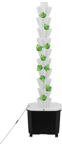 HUSPOO 10-Etagen Hydroponik System mit 50 Pflanzlöchern & Rädern | Automatische Bewässerung mit Timer | Vertikaler Garten für Kräuter, Salat, Erdbeeren | Innen & Außen (Weiß)