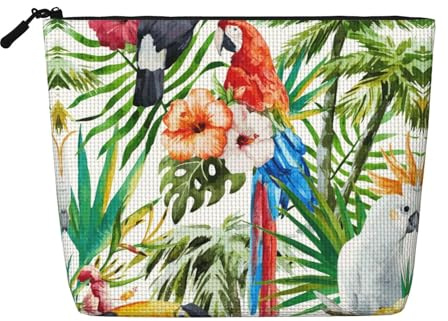 Toucans Parrot Palm Tree Leaves Makeup Bag Large Capacity Fake Hemp, Portable Zippered Case Water Resistant Toiletry Pouch