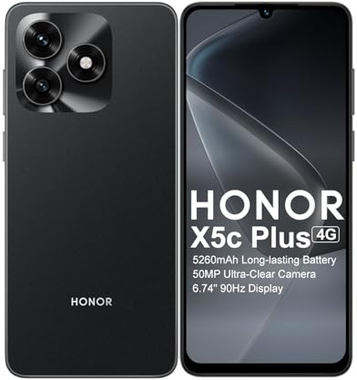 HONOR X5c Plus 4G Smartphone, Unlocked Mobile Phones, 6.74 90Hz Display, 5260mAh Long Lasting Battery, 50MP Ultra-Clear Camera, Powerful 8 Cores Processor (Black, 256, GB, 4, GB)