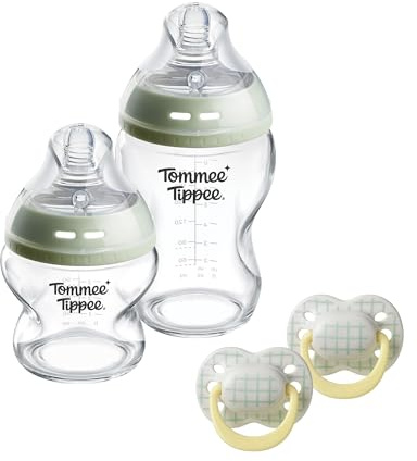 Tommee Tippee Coffret Cadeau nouveau- né Verre Natural Start, Biberons 150 ml et 250 ml avec tétine à débit lent et extra-lent comprise, et 2x sucettes Ultimate Fit 0-6 mois, Auto-stérilisan