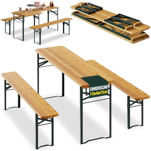 BAKAJI Set 3 Pezzi Birreria con Tavolo Pieghevole e Panche da Esterno, Struttura in Acciaio Comoda, Seduta Ergonomica e Resistente, Ideale per Giardino, Bar, Campeggio, Sagra, 170 cm
